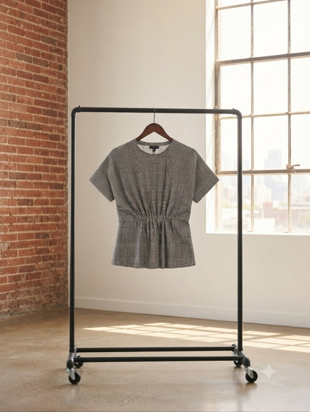 Ann Taylor Gray Plaid Short-Sleeve Peplum Top